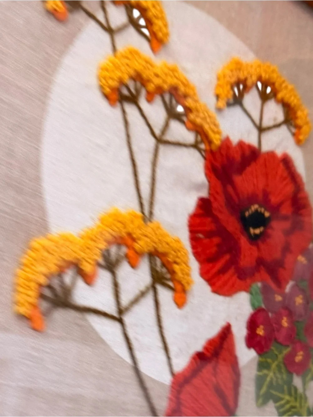 Vintage Crewel Embroidery Flowers Glass Framed Wall Art